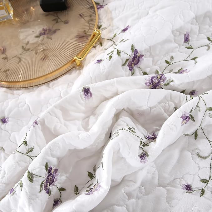 Quilt Set Purple Floral 3D Embroidery Pattern 2 PCS 100% Cotton Reversible - Image 6