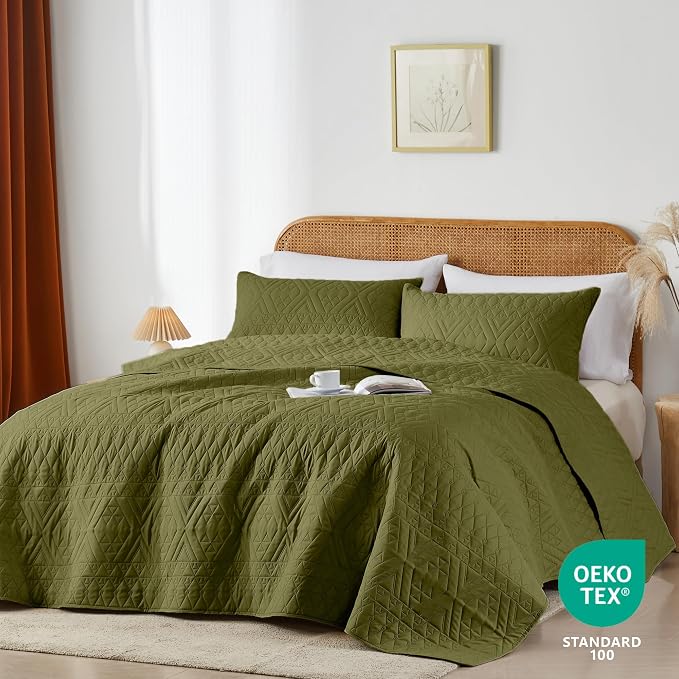 akkialla Twin Size Quilt Bedding Set, Olive Green Lightweight Microfiber Soft - Image 2