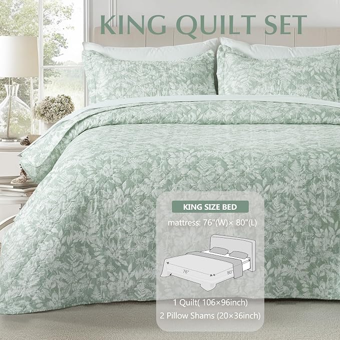 GOONE XL King Quilt Set 106"x96", Sage Green Leaf Botanical Boho Bedspread - Image 3