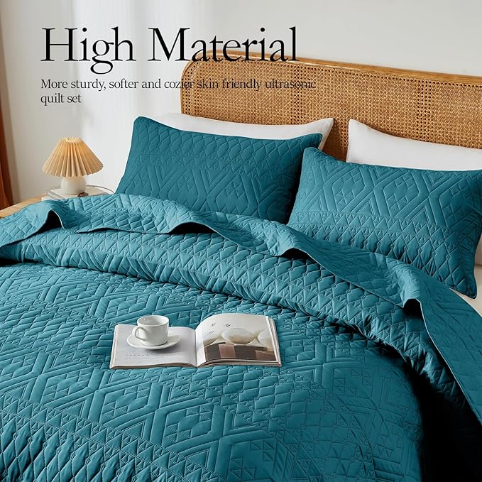 akkialla Full/Queen Quilt Set, Teal Lightweight Microfiber Bedspread Coverlet - Image 4