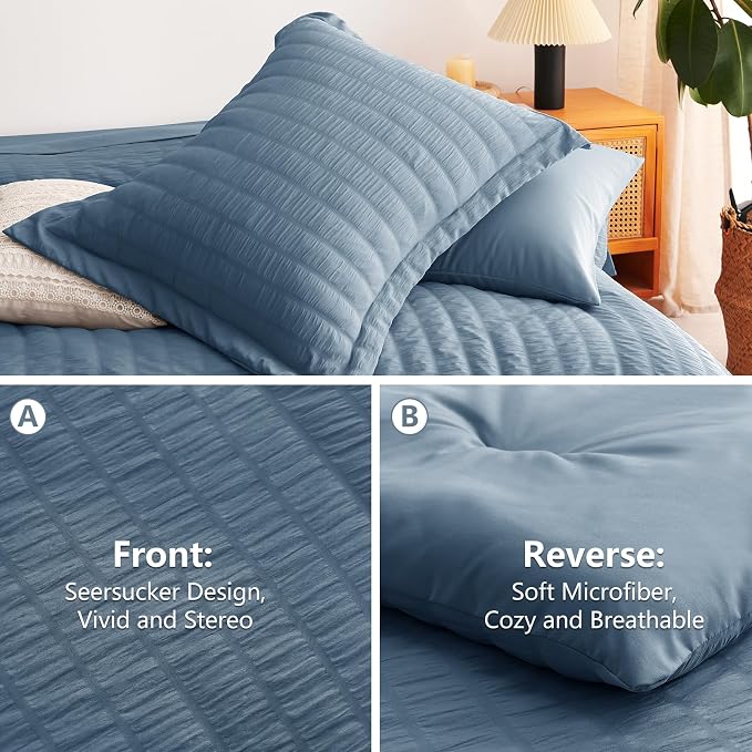 CozyLux Oversized King Comforter Set Grayish Blue Seersucker 7 Pieces 120x98 - Image 4