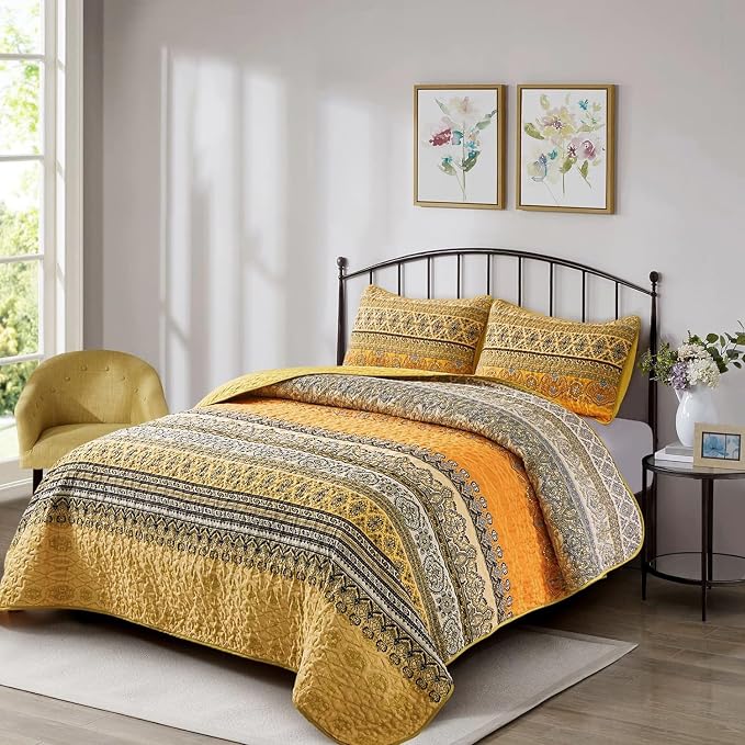 WONGS BEDDING Yellow Orange Bohemian King Quilt, Boho Quilt King Size, - Image 2