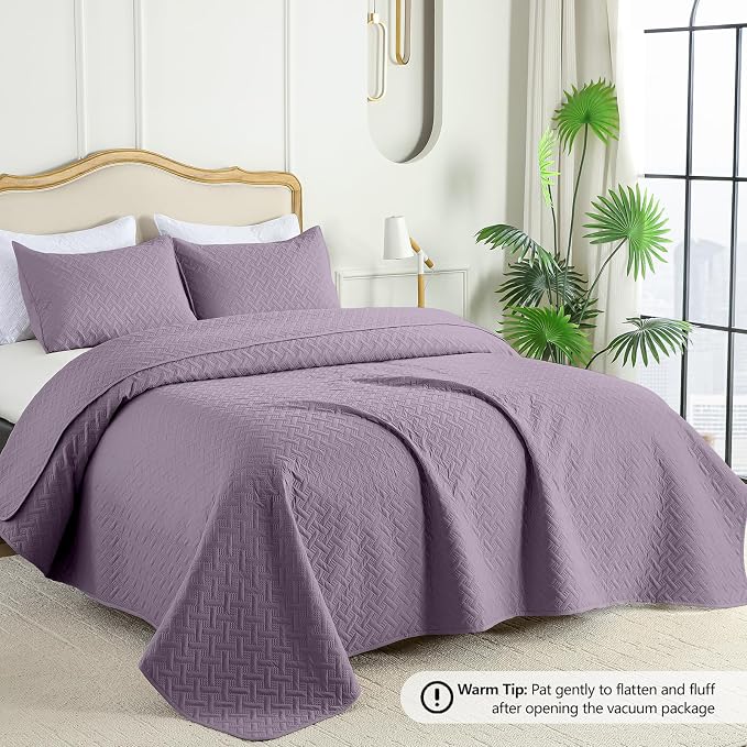 FLYMME Twin Quilt Set, Lightweight Grayish Purple Bedspreads, Basket Weave - Image 2