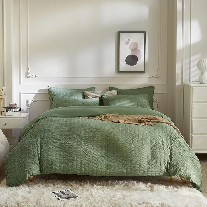 JELLYMONI Dark Green Duvet Cover Full Size, Soft Breathable Seersucker Duvet - Image 9