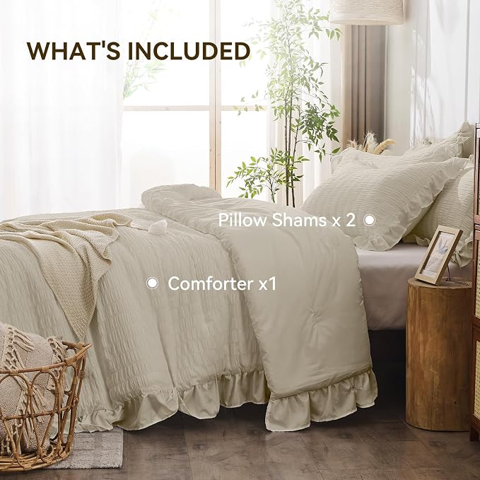 JOLLYVOGUE Queen Comforter Set, 3 Pieces Oatmeal Seersucker Comforters Queen - Image 5