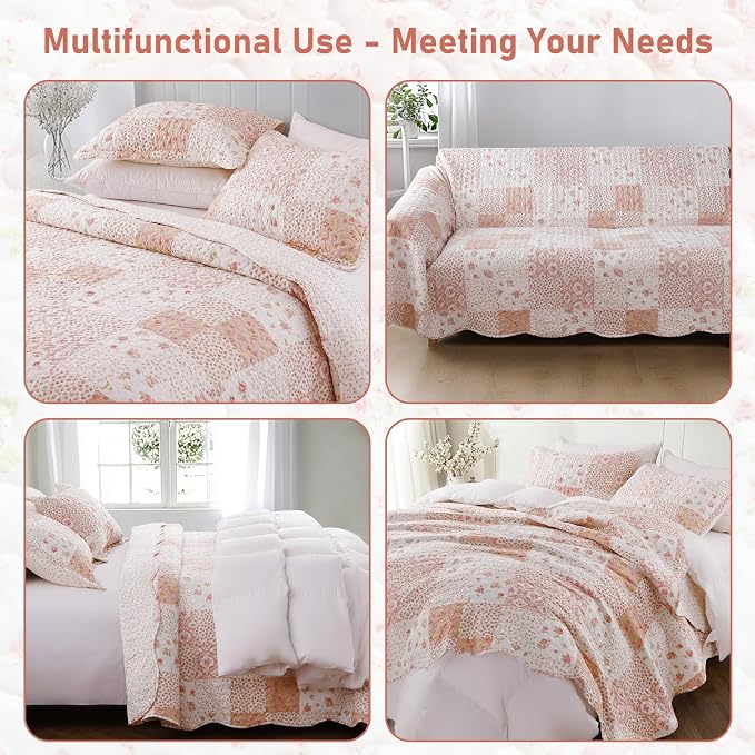 GOONE Queen Quilt Set, Reversible, Washed Coverlet, 2 Pillow Shams, Spring & - Image 4