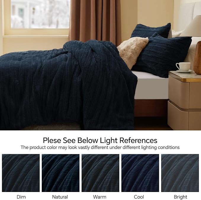 BEDELITE Fleece Queen Comforter Set -Super Soft & Warm Fluffy Navy Faux Fur - Image 9