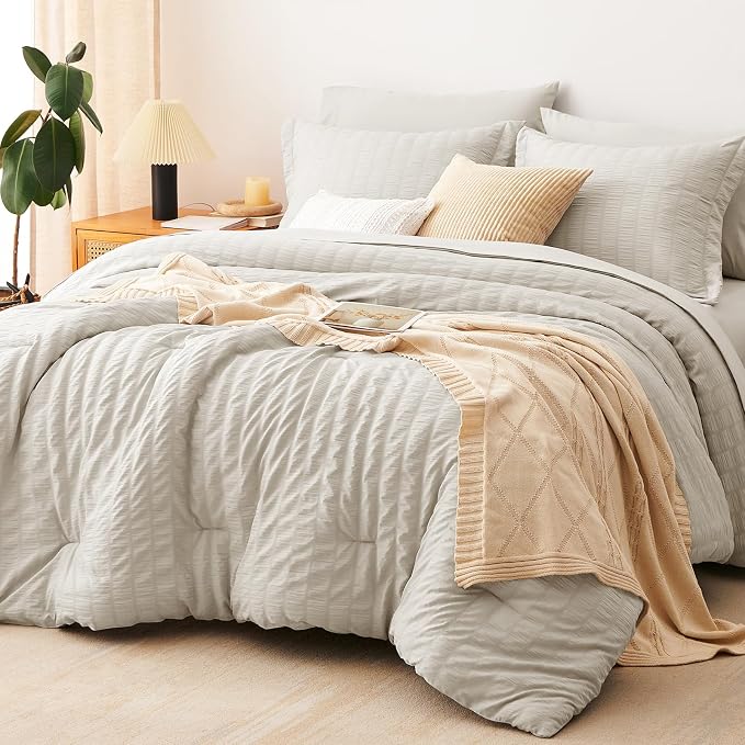 CozyLux Oversized Queen Comforter Set Beige Seersucker 7 Pieces 98x98 Bed in a by CozyLux