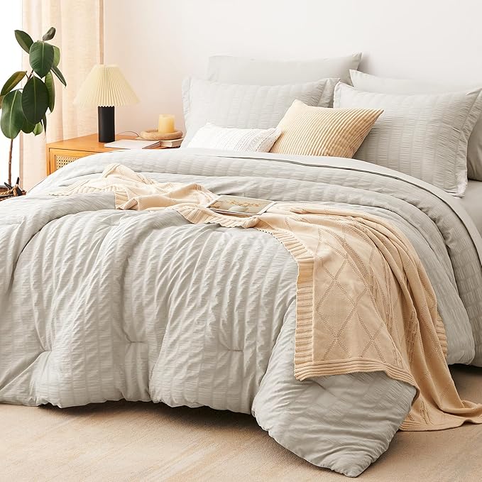 CozyLux Oversized King Comforter Set Beige Seersucker 7 Pieces 120x98 Bed in a by CozyLux