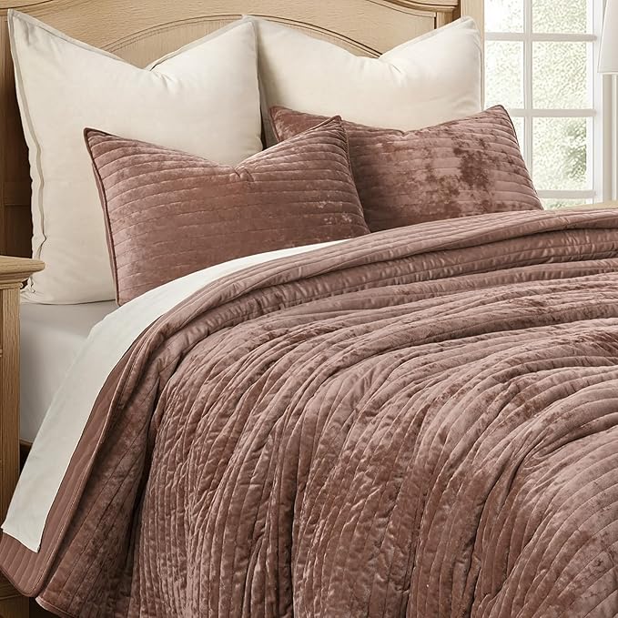 EVERGRACE Velvet Quilt Set King Size, Luxurious Soft Striped Channel Bedding Set - Image 6