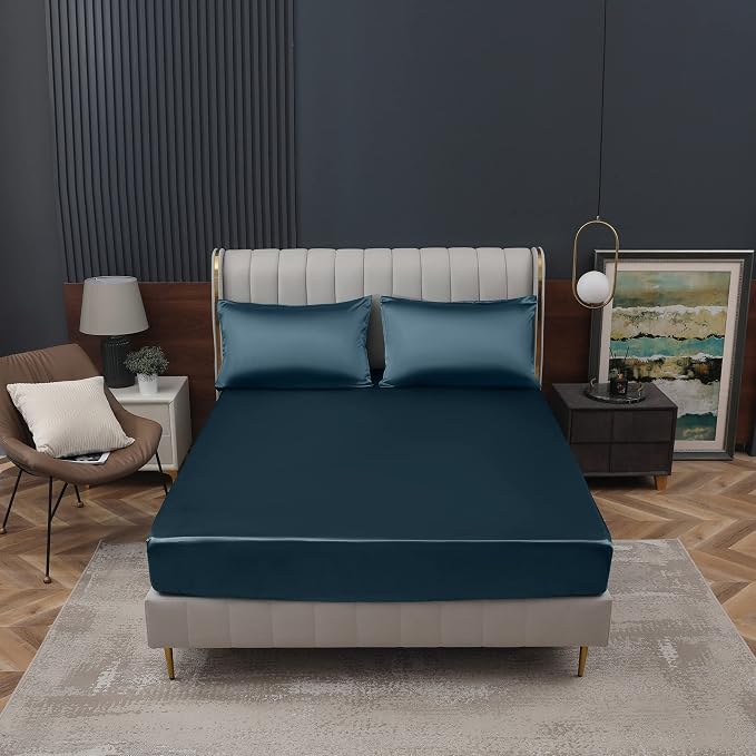 Homiest Deep Sea Blue Satin Fitted Sheet King Size, Deep Pocket, Luxury & Ultra - Image 2