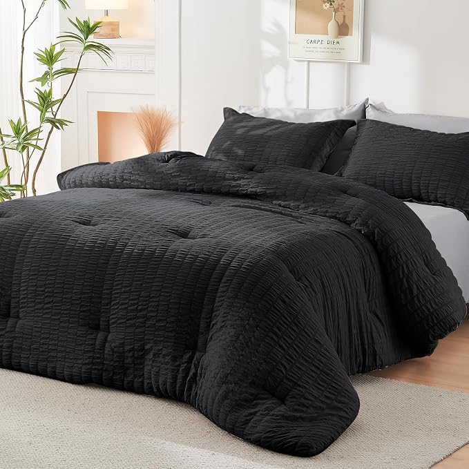 HYMOKEGE Black/Light Grey Full Size Comforter Sets Seersucker 7 Pieces - Image 8
