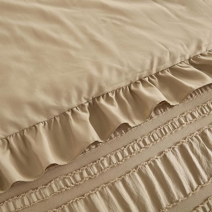 WONGS BEDDING Khaki Comforter Set Queen, 3 Pieces Ruffle Farmhouse Shabby Chic - Image 6