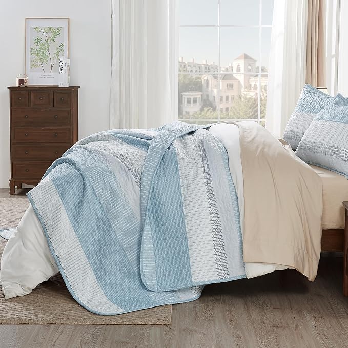 Andency King Size Quilt Set Aqua Blue, 3 Pieces Summer Ultra Soft Lightweight - Image 2
