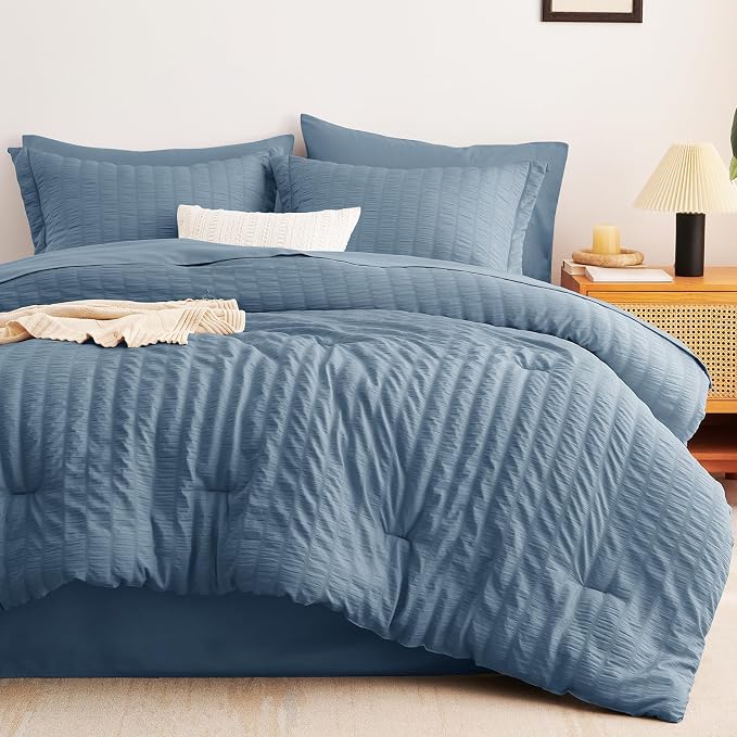 CozyLux Oversized King Comforter Set Grayish Blue Seersucker 7 Pieces 120x98 - Image 9