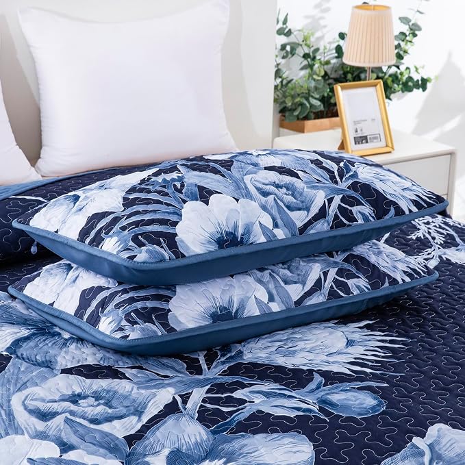 Floral Quilt Set Queen 3 Pieces Navy Blue Floral Quilt Coverlet Set Soft - Image 8
