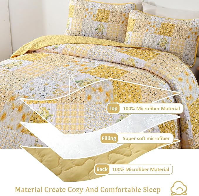 Mybedsoul Patchwork Quilts Queen Size, Soft Yellow Boho Floral Bedspreads - Image 3