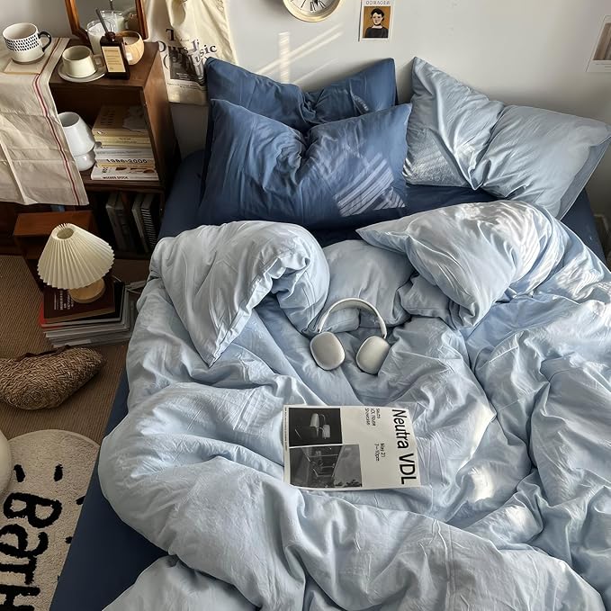 mixinni 100% Washed Cotton Duvet Cover Set King Size, Solid Light Blue Ocean - Image 3