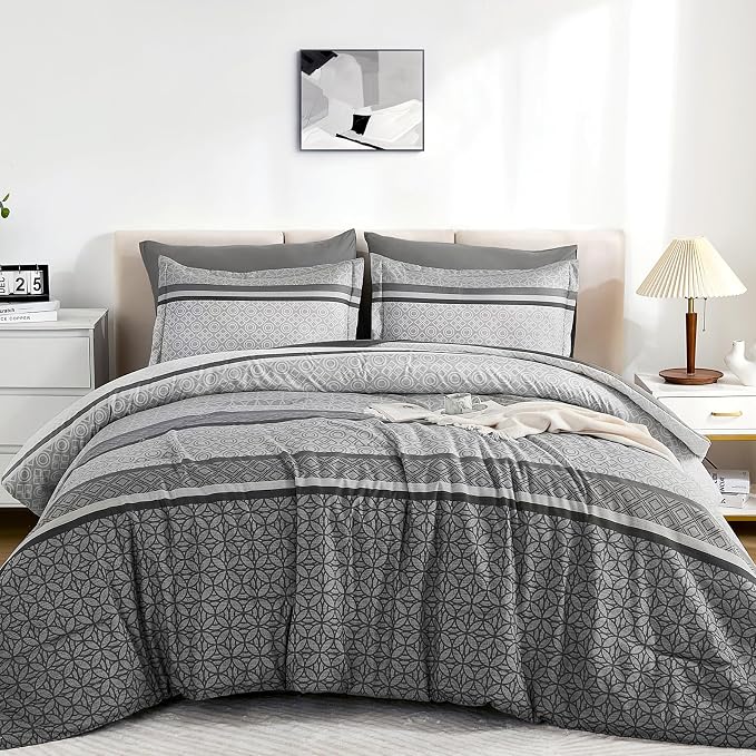 WONGS BEDDING Grey Comforter Set Queen Size, 7 Pieces Striped Bed in a Bag - Image 9