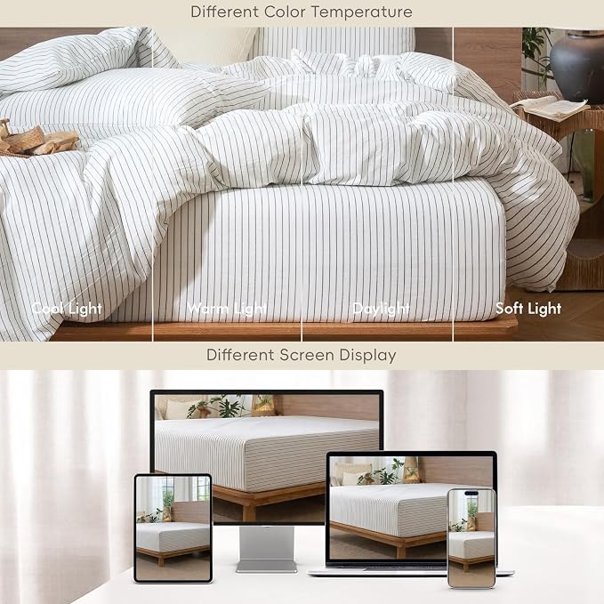 MooMee Stripes Fitted Bottom Sheet Only 100% Washed Cotton Linen Like Textured - Image 8