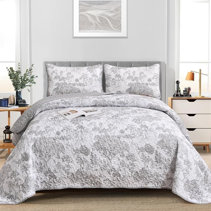 WONGS BEDDING Grey Quilt Set Queen Size, 3 Pieces Botanical Bedspreads Set - Image 2