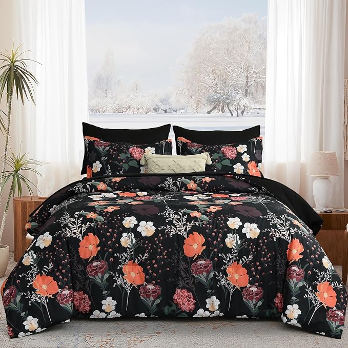 Yiran Black Red Floral Comforter Set Queen Size, 7 Piece Winter Comforter - Image 8