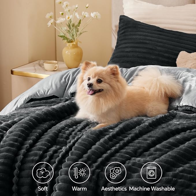 BEDELITE Fleece Queen Comforter Set -Super Soft & Warm Fluffy Black Bedding - Image 3