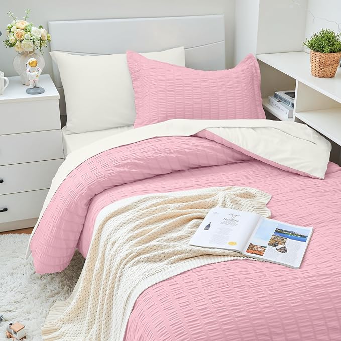 HYMOKEGE Pink/Ivory Twin XL Comforter Set Seersucker 5 Pieces, All Season - Image 2