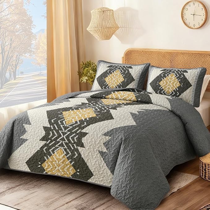Dintszyayue Grey Boho Quilt Set Queen, Aztec Western Quilt Bedspread Set - Image 2