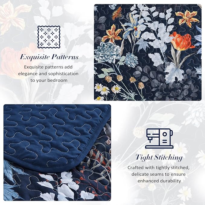 Yiran Navy Blue Sunflower Floral Quilt Set King Size, Botanical Colorful - Image 7