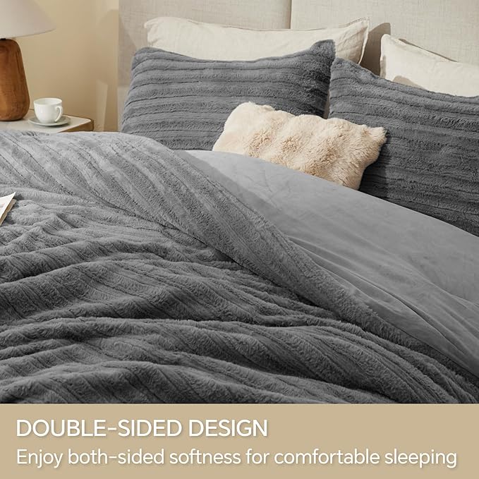 BEDELITE Fleece Queen Comforter Set -Super Soft & Warm Fluffy Grey Faux Fur - Image 4