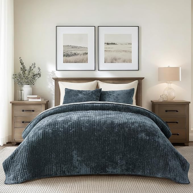 EVERGRACE Velvet Quilt Set Queen Size, Luxurious Soft Striped Channel Bedding by EverGrace