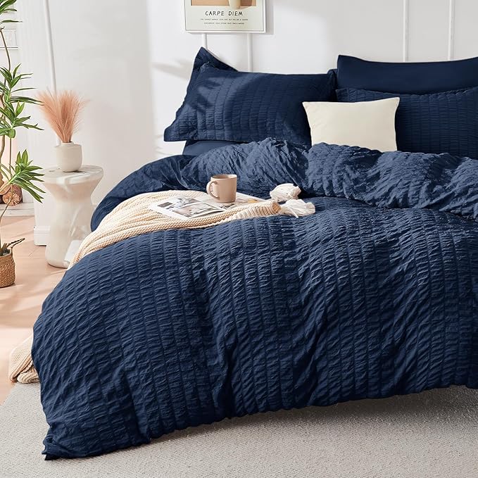 HYMOKEGE Navy Blue Full Size Comforter Sets Seersucker 7 Pieces, All Season - Image 2