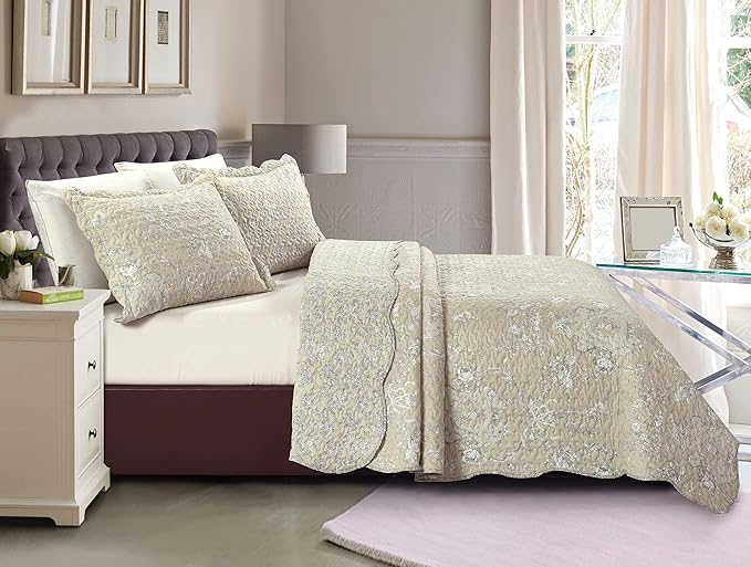 Brilliant Sunshine Classic Grey Floral Toile in Beige Background, 3-Piece Quilt - Image 2