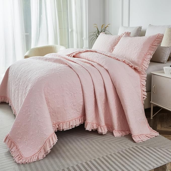 Brandream Light Pink Quilt Set King Size Cotton Shabby Chic Bedding Matelasse - Image 6