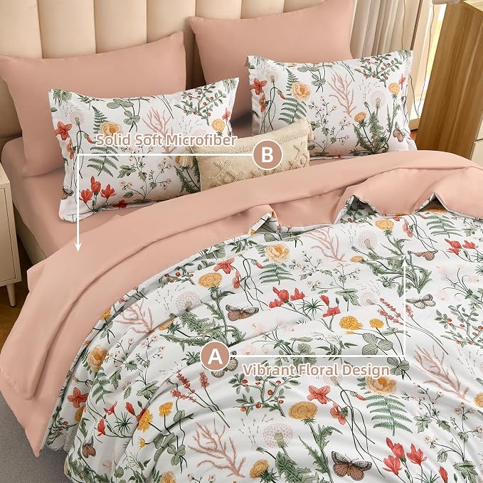 Yiran 7 Piece Floral Comforter Set King Size, Botanical Bed in a Bag - Image 4