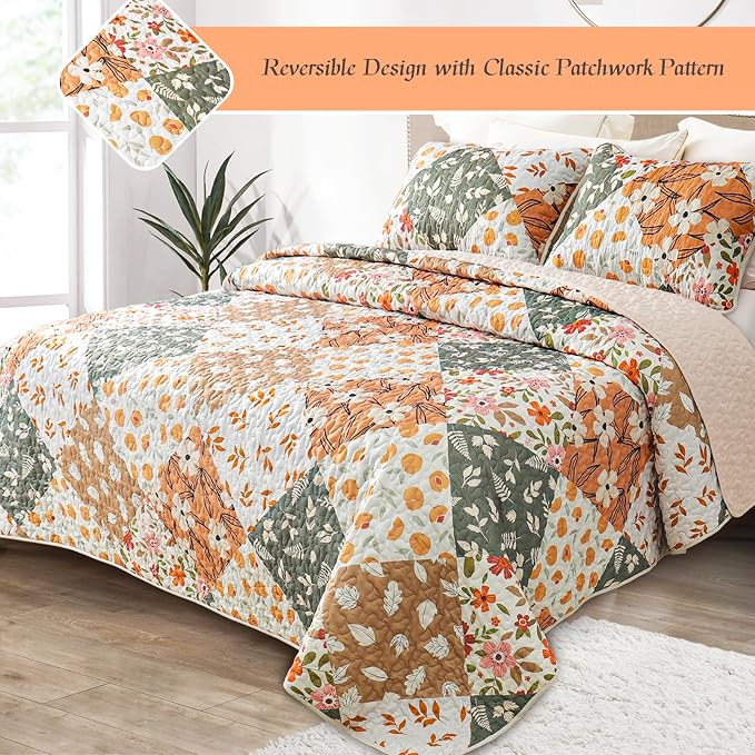 Whale Flotilla Patchwork Quilt King Size, Extra Soft Boho Floral Bedspreads - Image 2