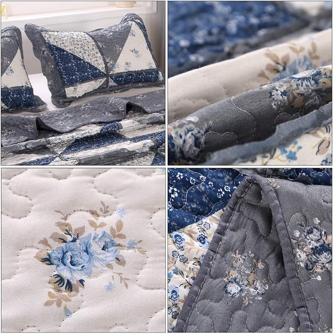 Oversized King Size Grey Floral Plaid Patchwork Quilt Set 128x120 Extra Wide - Image 6