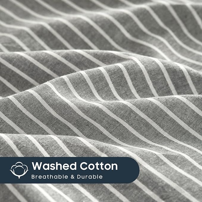 Wake In Cloud - Striped Cotton Duvet Cover Set, 100% Washed Cotton Textured - Image 6