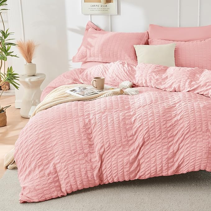 HYMOKEGE Rose Pink Queen Comforter Set Seersucker 7 Pieces, All Season Luxury - Image 2
