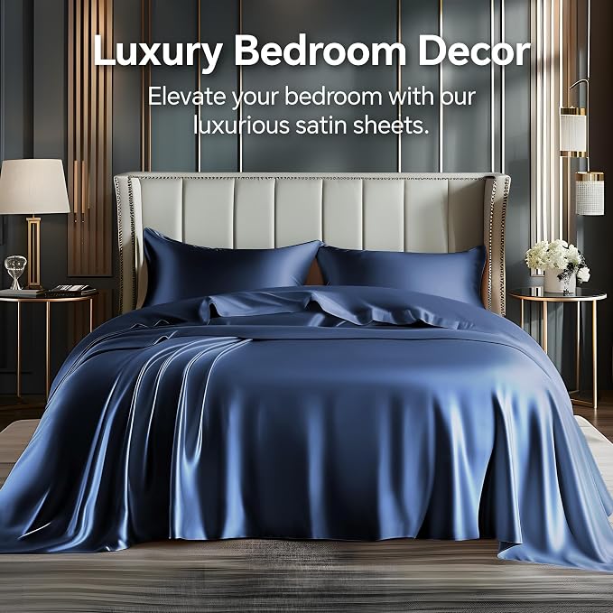 BEDELITE Satin Sheets Twin XL Size Bed Set, Luxury Soft Navy Silky Sheets - Image 2
