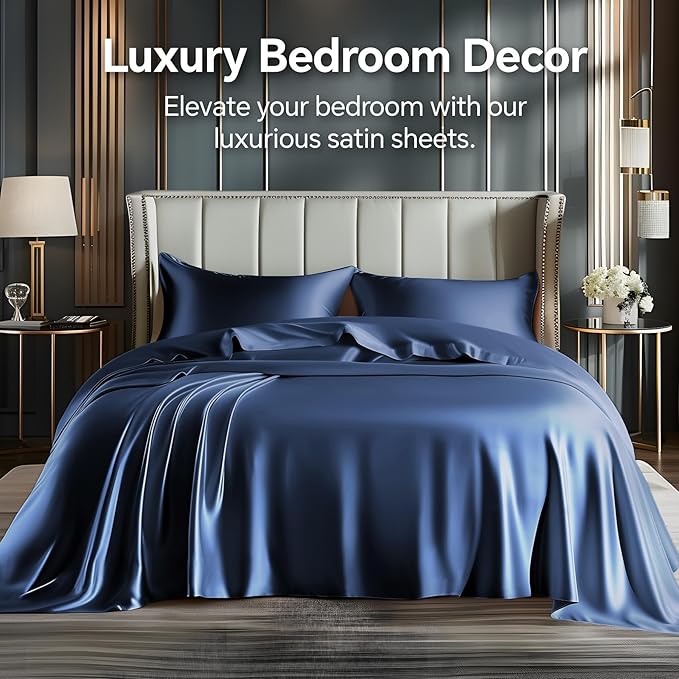 BEDELITE Satin Sheets Full XL Size Bed Set, Luxury Soft Navy Silky Sheets - Image 2