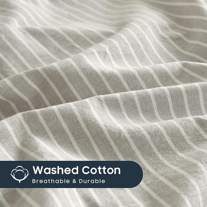 Wake In Cloud - Striped Cotton Duvet Cover Set, 100% Washed Cotton Textured - Image 6