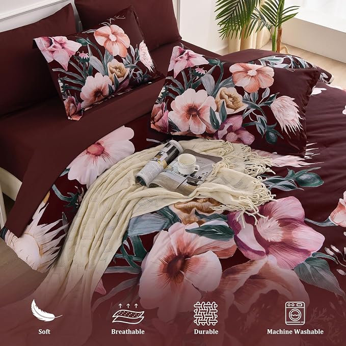 Luxudecor Burgundy Floral Comforter Set Queen Size 7 Piece, Flower Bed in a Bag - Image 4