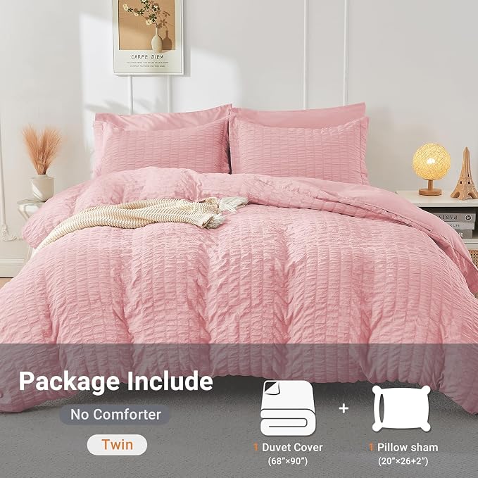 HYMOKEGE Pink Twin Size Duvet Cover, Ultra Soft 2-Piece Seersucker Duvet Cover - Image 5