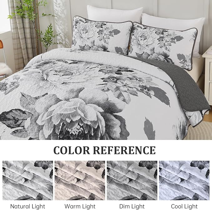 WONGS BEDDING Grey Boho Floral Quilt Set King, 3 Pieces Elegant Gray Flower - Image 7