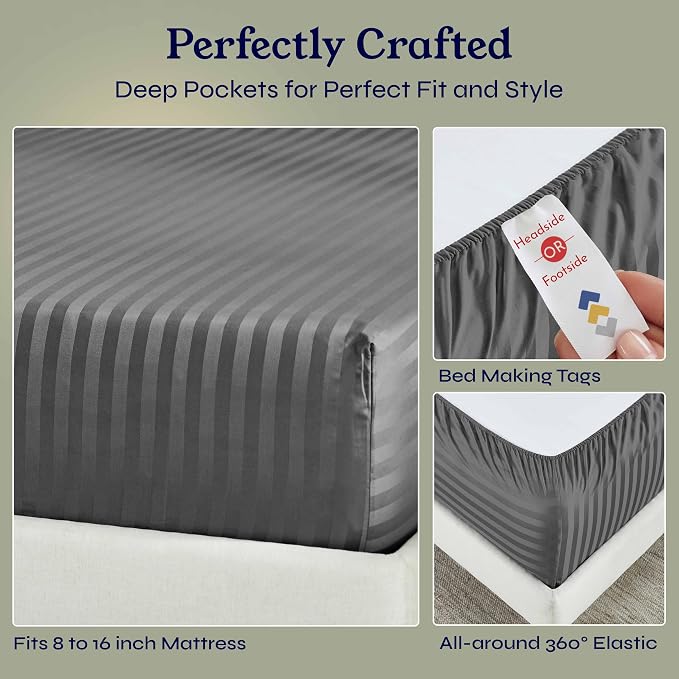 California Design Den Cotton Sateen Damask Stripe King Deep Pocket Fitted Sheet - Image 6
