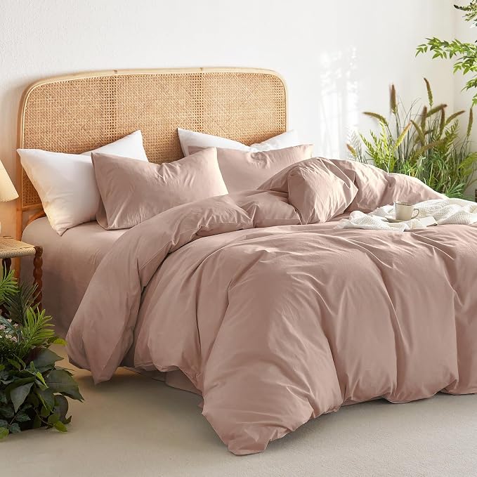 Wake In Cloud - Cotton Duvet Cover Set, King Size, Dusty Rose Pink, 100% Washed - Image 3