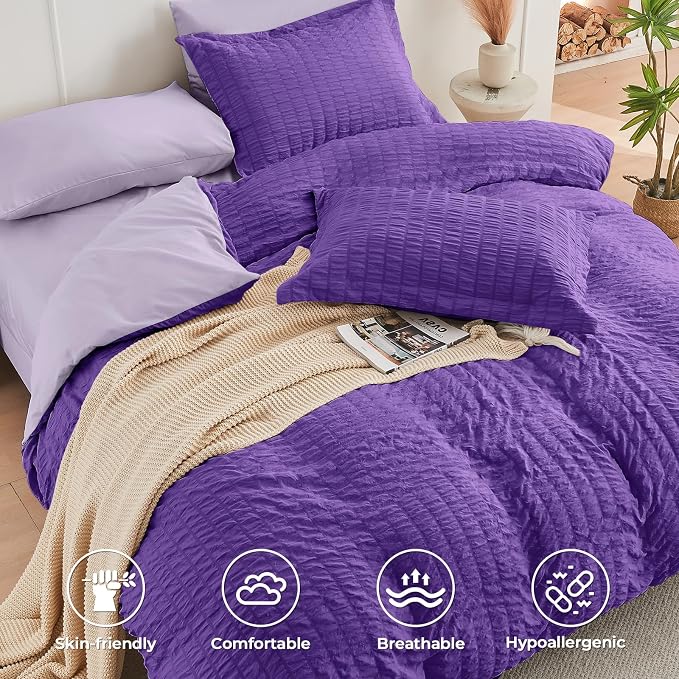 HYMOKEGE Dark Purple/Lavender Twin Comforter Set Seersucker 5 Pieces, All - Image 3