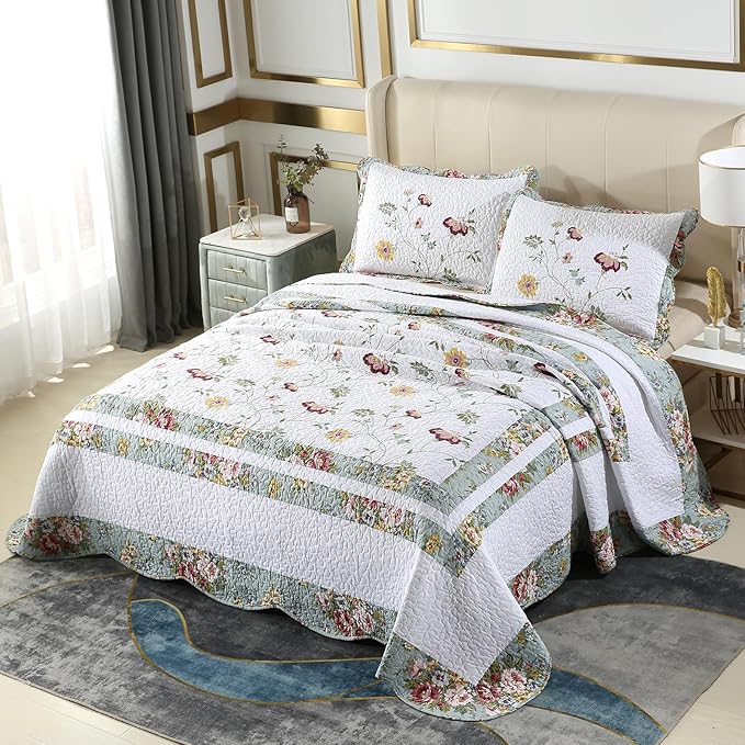 ROOMLIFE Quilt Set Queen Size 3D Floral Embroidery Pattern 3-Piece Cotton by ROOMLIFE